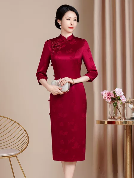 Acetic Acid Printed Cheongsam Women's High-end Sense Chinese-style Improved Slim-fit Long Toast Dress for Mother-in-law and Mother-in-law and Mother-in-law