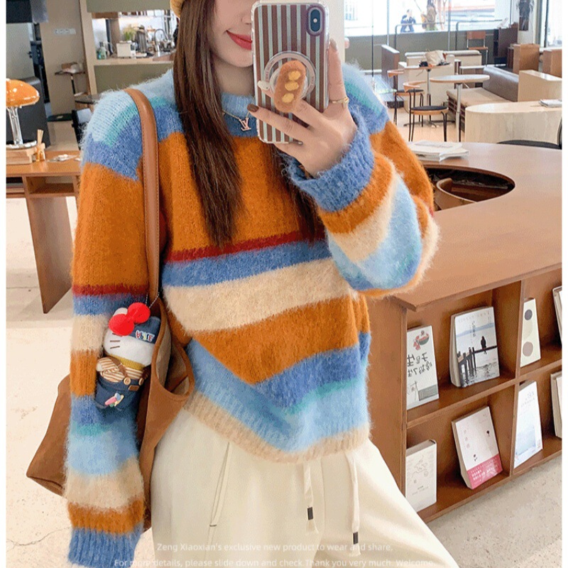 Colorful Striped Crew Neck Sweater for Women, 2026 Early Spring New Korean Style, Unique and Beautiful, Loose and Lazy Style, Soft and Cozy Top Colorful Striped Crew Neck Sweater for Women, 2026 Early Spring New Korean Style, Unique and Beautiful, Loose and Lazy Style, Soft and Cozy Top