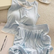 无口袋带胸垫纯欲风睡衣女夏季背心短裤圆领纯灰色大码家居服套装