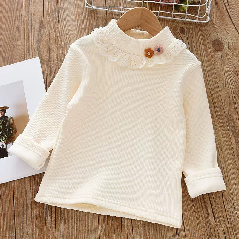 Winter base body-friendly children's fleece velvet thermal underwear, knitted T-shirt, high collar