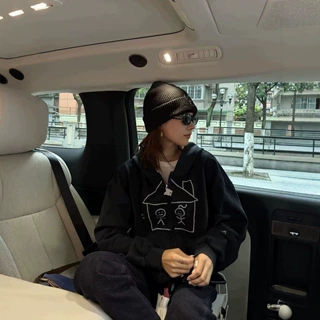 韩国26FW火柴人水洗做旧房屋印花连帽拉链外套女款松弛感甜酷外套
