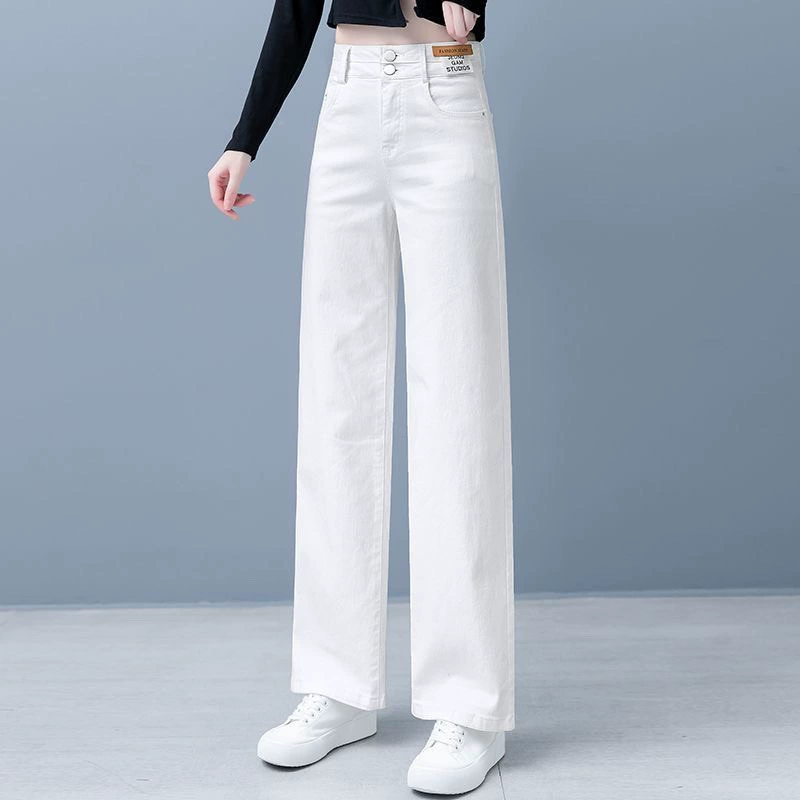 Белые узкие широкие брюки для женщин 2025 весна, осень и лето новые высокие свободные узкие джинсы для женщин повседневные брюки-трубы