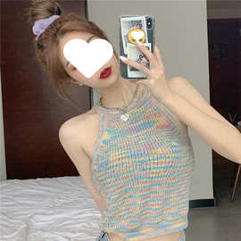 大码彩挂脖圆领外穿针织背心女夏新款胖妹修身露肩无袖打底衫上衣