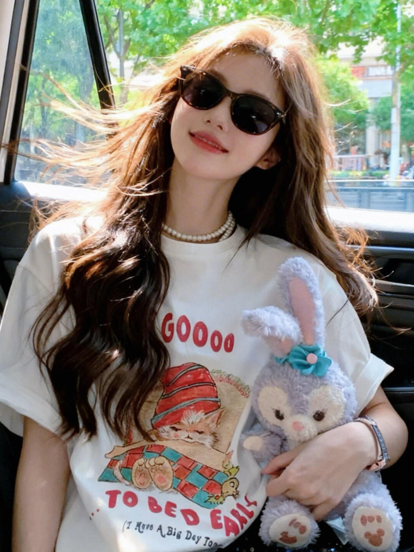 American-Style Pure Cotton Letter Cartoon Print White Short-Sleeve T-Shirt for Female Students, Loose Fit, Slimming, Plus-Size, Round-Neck Top, Trendy