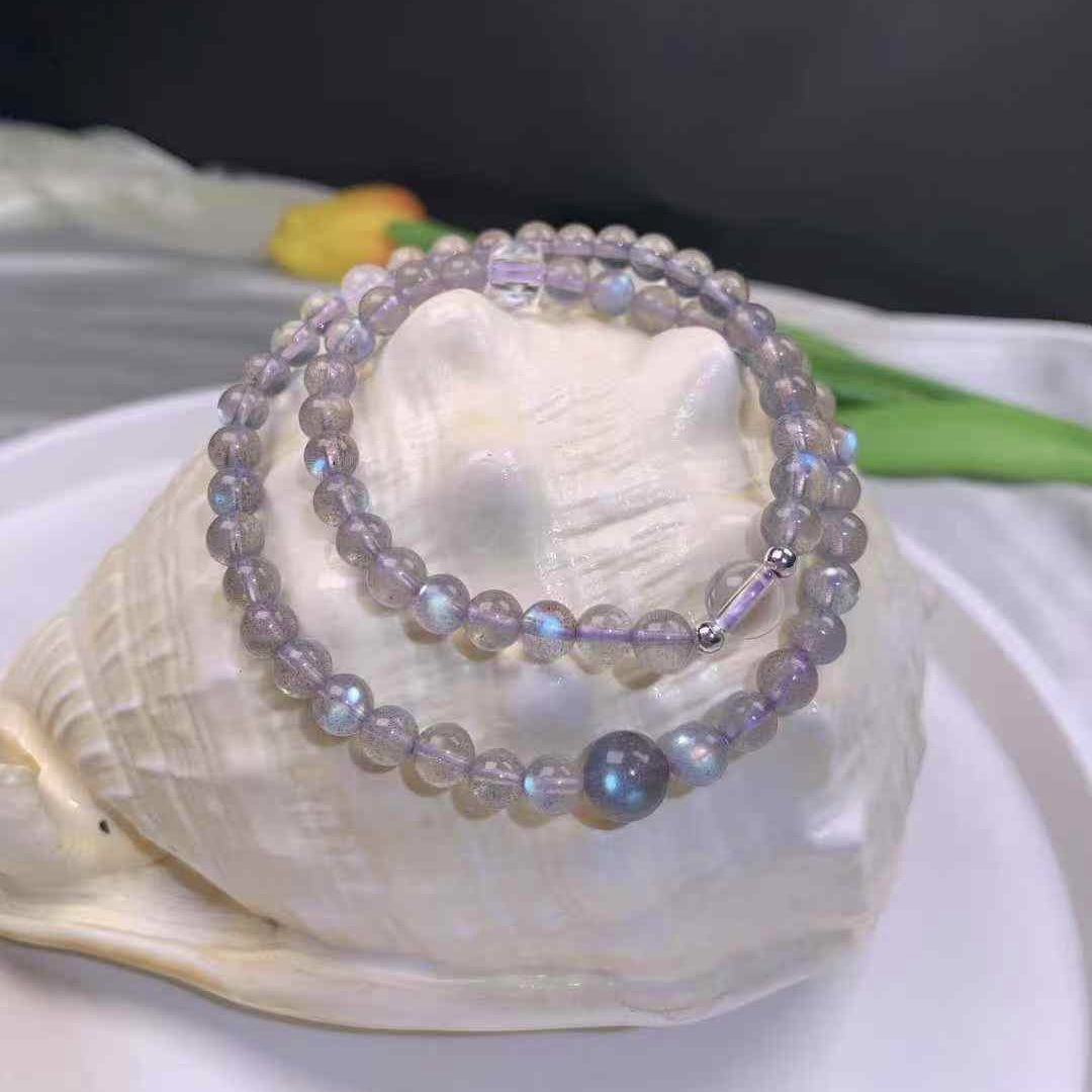 天然灰月光石DIY手链 自带彩蓝光  搭配钻切白水晶和精美小配饰
