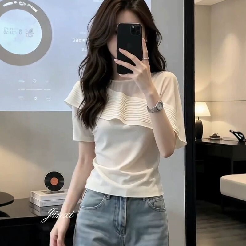French-Style Ruffled Shawl Round-Neck Gentle T-Shirt for Women, Summer 2026, Plus-Size, Slimming, Beautiful Thin Top