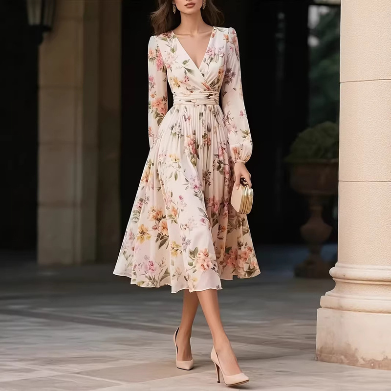 Women's Printed V-Neck Long-Sleeved Dress, Spring and Autumn Waist-Cinching Slimming Elegant Holiday Long Dress, Cross-Border Women's Fashion Women's Printed V-Neck Long-Sleeved Dress, Spring and Autumn Waist-Cinching Slimming Elegant Holiday Long Dress, Cross-Border Women's Fashion