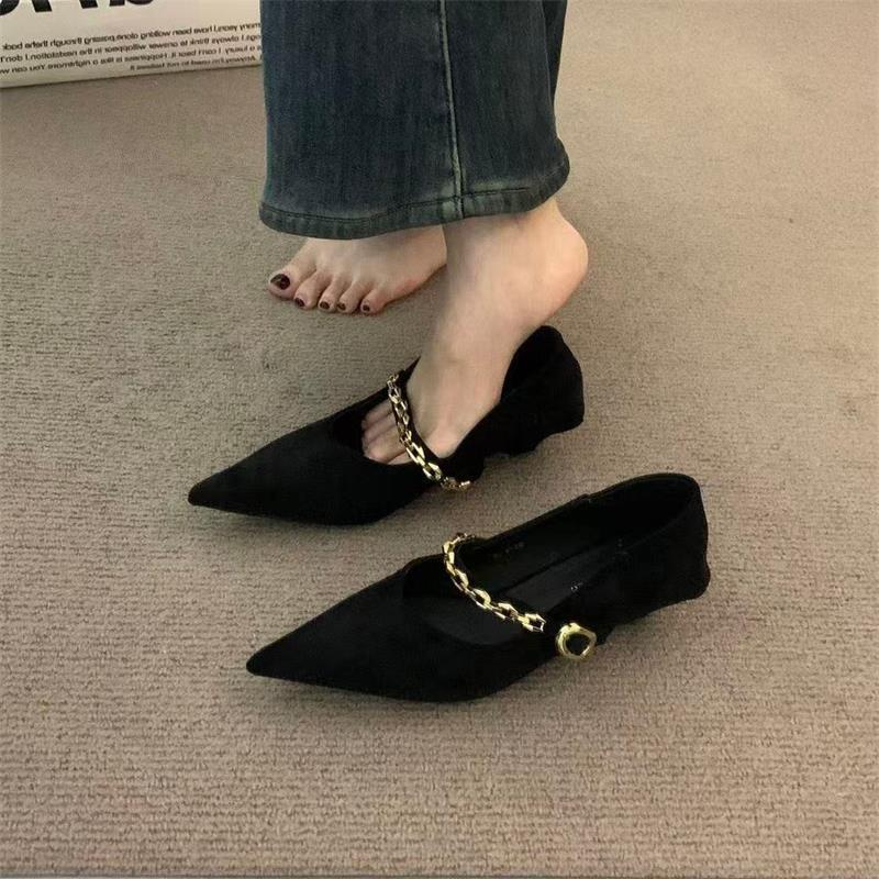 Cadena de nicho retro con boca superficial, zapatos de terciopelo de Mary Jane, zapatos de tacones bajos de noche para mujeres
