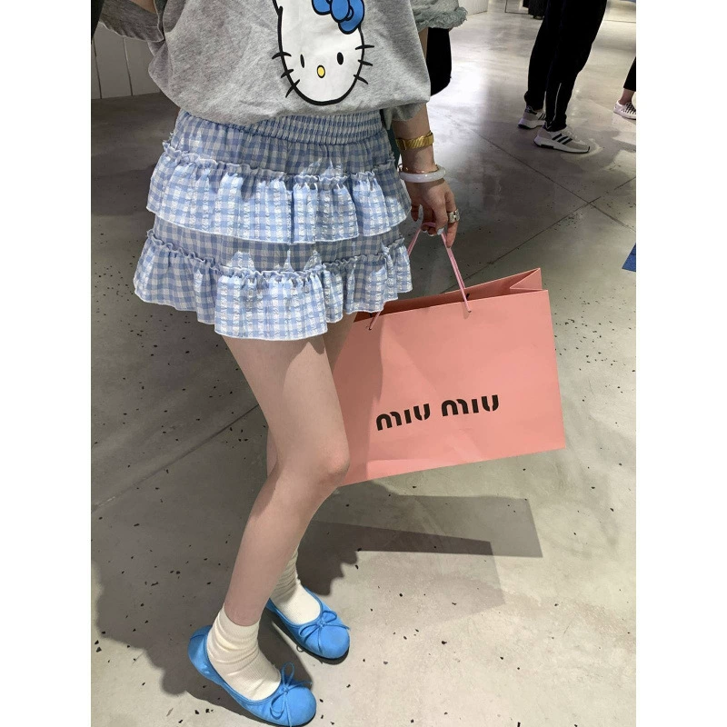 С légèrely fat плюс сайз синяя клетчатая юбка для женщин ранней осени, новая высокая талия, утягивающая, пышная короткая юбка-кюлот