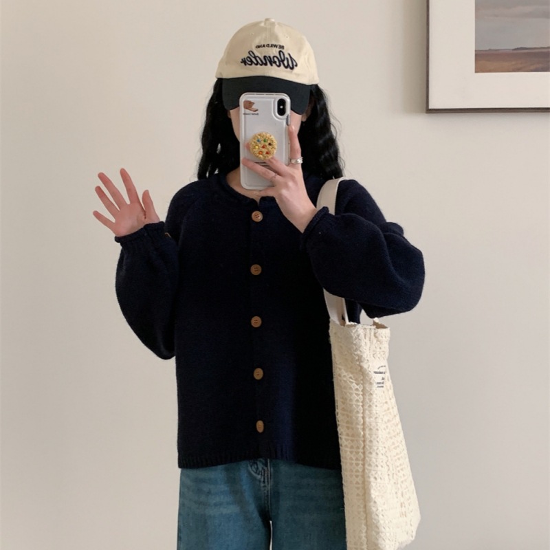 Nuevo estilo coreano de otoño y invierno simple estilo de viento sólido color completo retro cardigan de punto suéter de viento relajado abrigo abrigo image 14