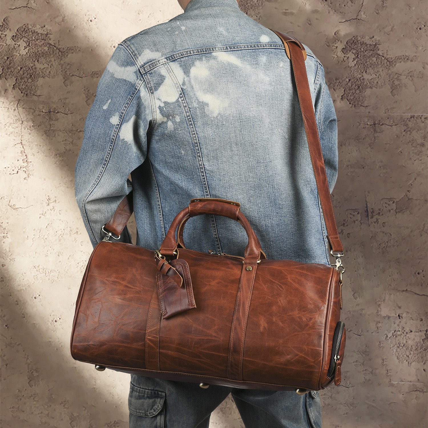 外贸新款牛皮男士出差行李袋头层牛皮大容量手提旅行包真皮斜挎包