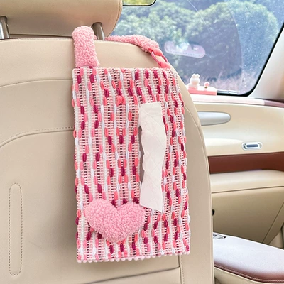Car tissue box/set creative love net red high-value - jacquard-yarn-dyed-hanging-tissue-box-with-tooth-edge-love-light-pink
