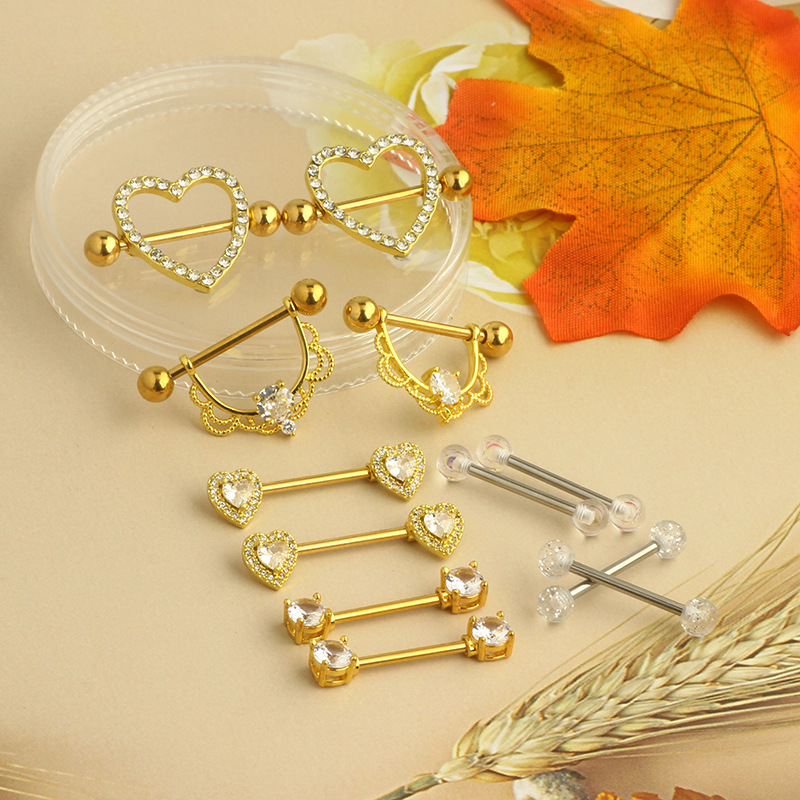 Amazon Hot Sale Stainless Steel Inlaid Zircon Breast Ring Straight Rod Love Tongue Nail Body Piercing Jewelry 12-Piece Set detail image 7