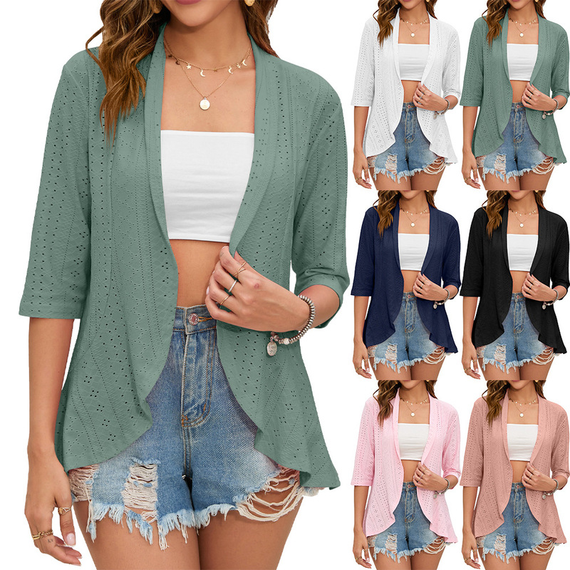 Amazon 2023 Europe and the United States cross-border foreign trade summer new solid color cardigan coat seven sleeve ruffled top women Amazon 2023 Europe and the United States cross-border foreign trade summer new solid color cardigan coat seven sleeve ruffled top women