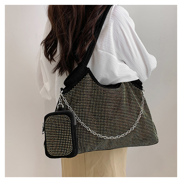 515g Weight Polyester Lining Material Zipper Closure Type Vintage Style Solid Color Rhinestone Semicircle Zipper Shoulder Bag Tote Bag