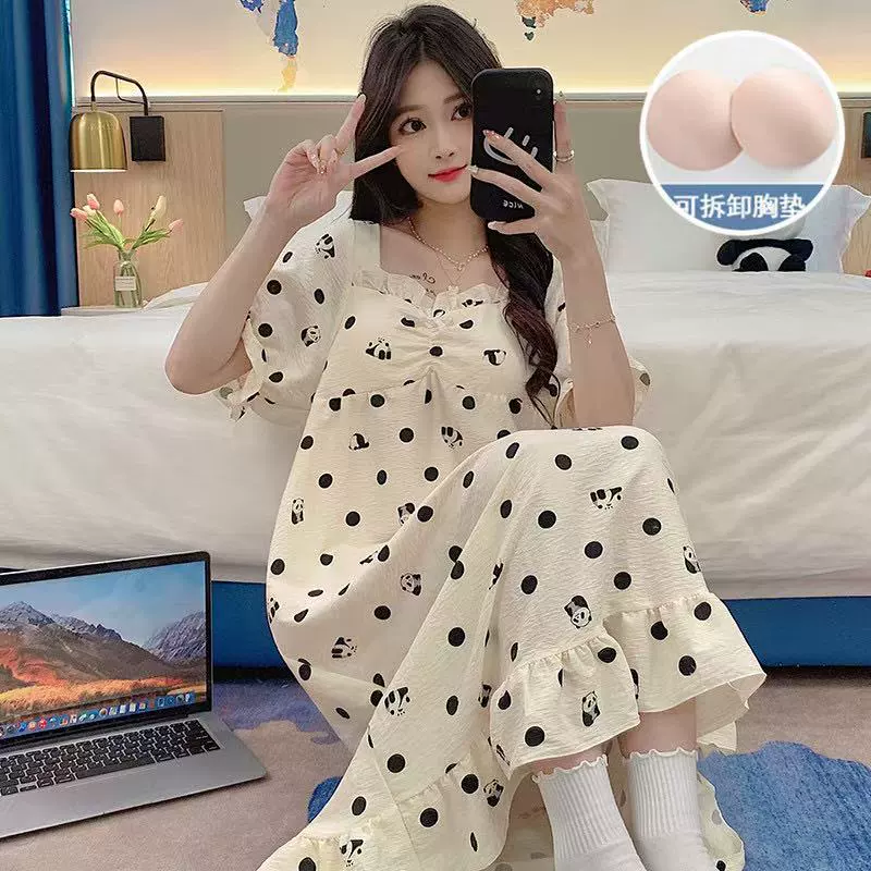Хлопковая ночная рубашка Yunduo для женщин, летние милые свободные женские пижамы с короткими рукавами и съемными подушечками для груди, домашняя одежда в стиле принцессы