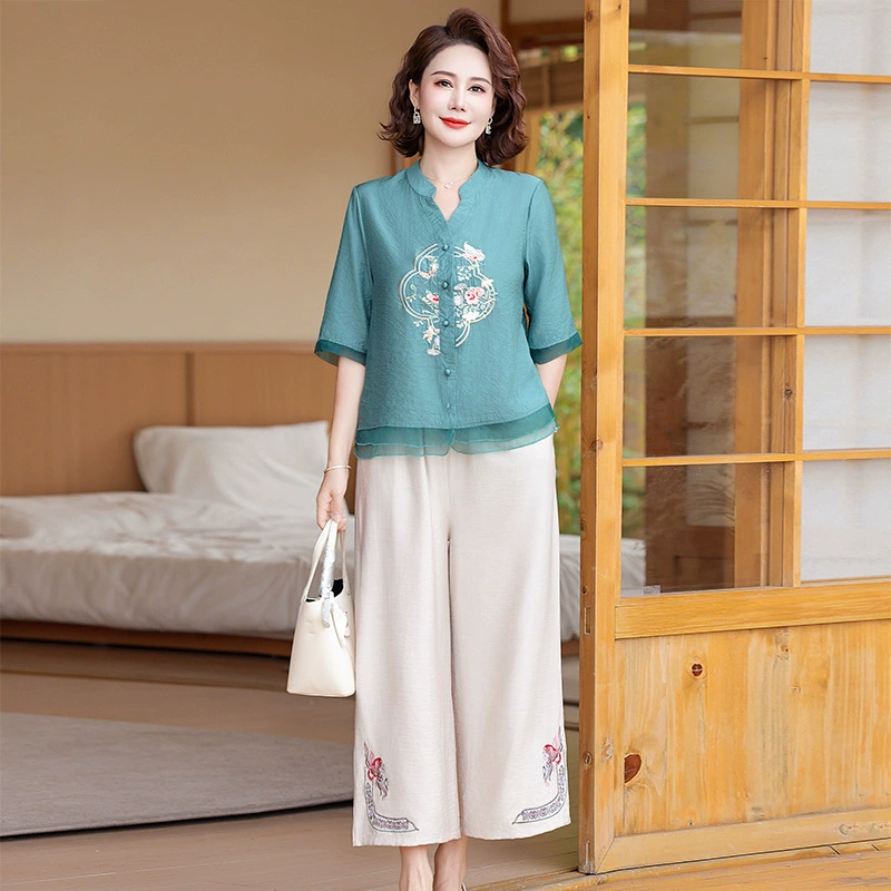 Летний костюм из хлопка и льна для мамы, новая футболка с короткими рукавами в стиле шинуазри, новые летние топы с рукавами три четверти для женщин среднего и пожилого возраста.