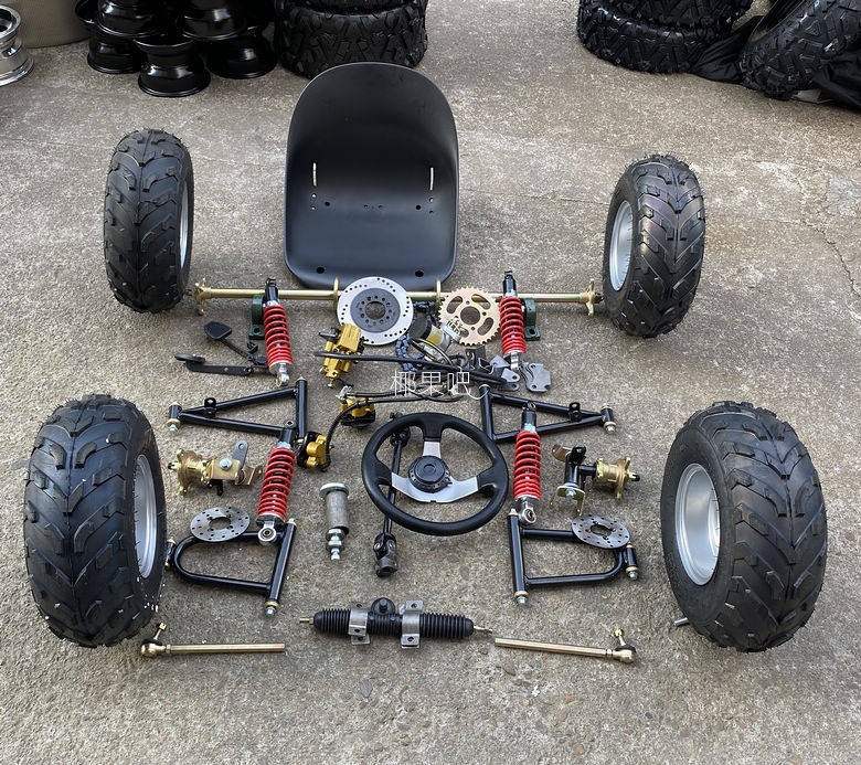 Modified Go-Kart Parts, Homemade Four-Wheel Vehicle with Front and Rear Suspension, Steering Wheel, 1m Rear Axle, 6/7/ 8inch Tires