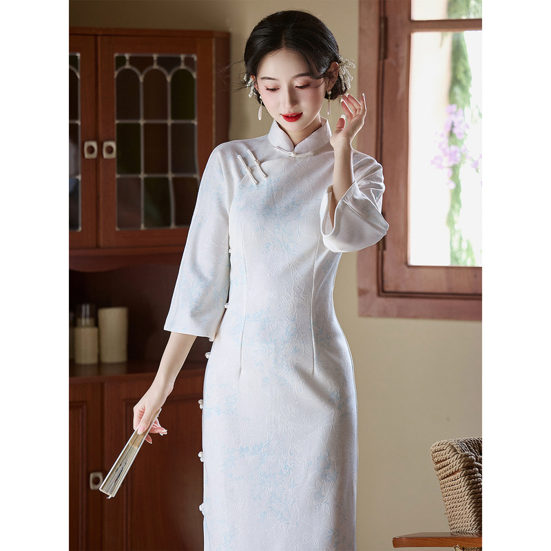 Light Blue Autumn and Winter Real Open-Front Cheongsam 2025 New Chinese Style Improved Young Girl High-End Dress