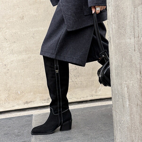 Demi-season retro suede fashionable high boots square toe heels