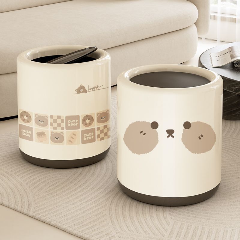 Cream-Style Trash Can for Home Use 2023 New Model for Living Room and Bathroom with Lid, Toilet Milk Bear, High Appearance Value, Cute for Bedroom