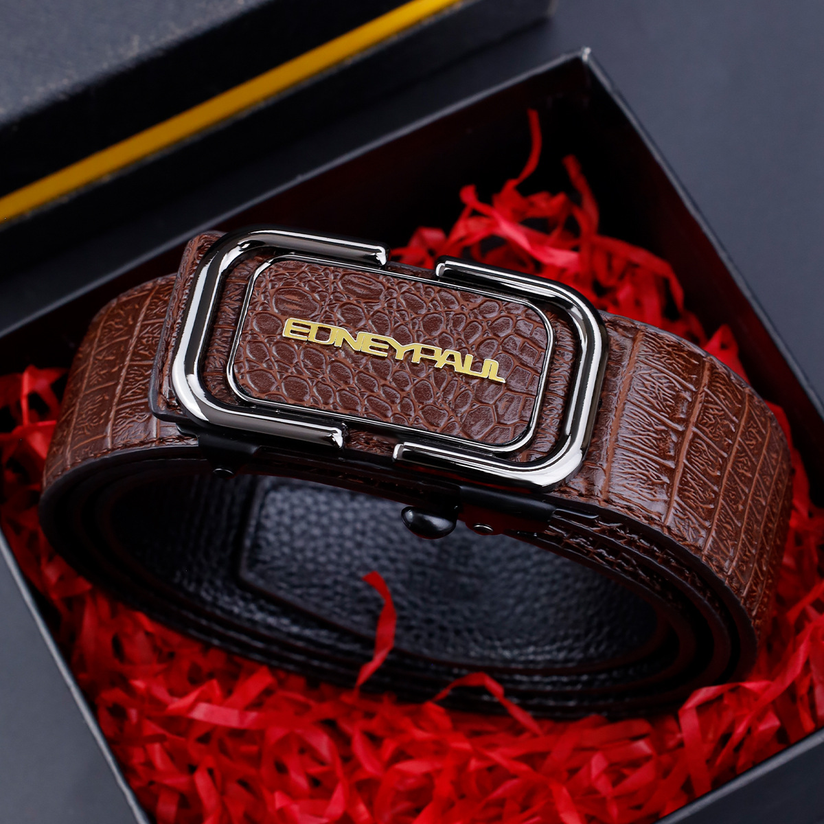 新款男士时尚自动扣腰带中青年裤腰带商务百搭休闲皮带鳄鱼纹轻奢