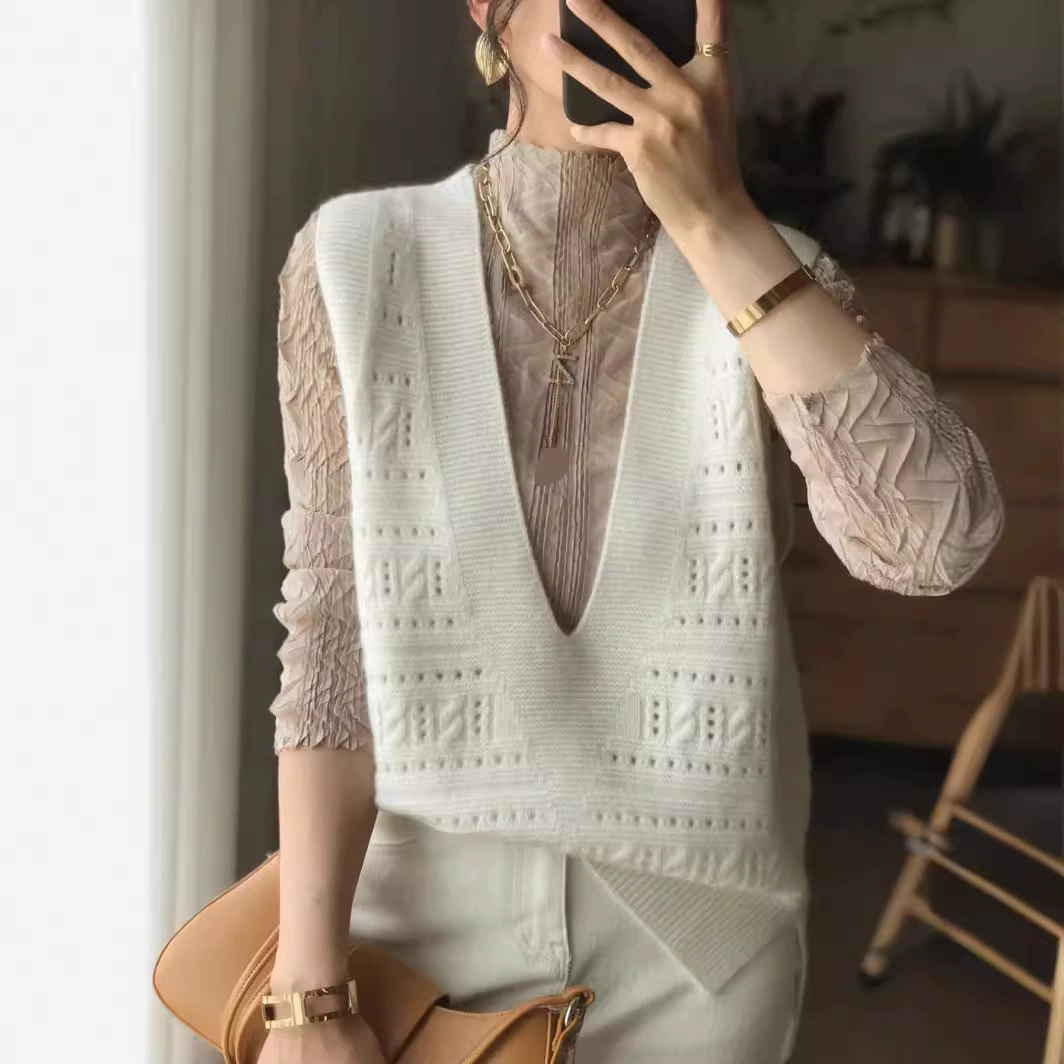 Весенне-осенний Новый европейский полый вязаный жилет из 100 шерсти с большим V-образным вырезом, женская верхняя одежда, свободный стройнящий жилет без рукавов
