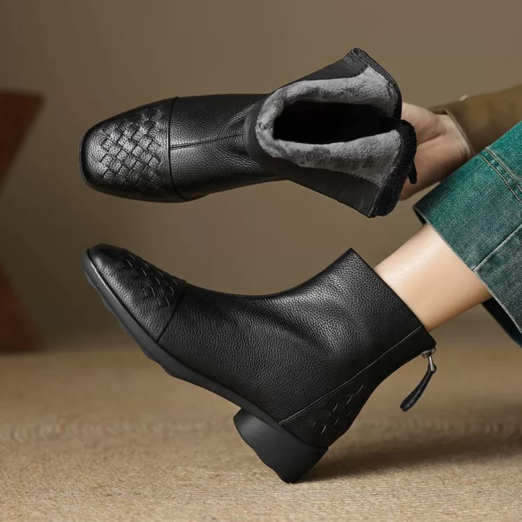 Квадратная голова толстые каблуки короткие сапоги женский 2024 осень и зима новые дикие пригородные плетеные сапоги челси модные тощие сапоги на низком каблуке