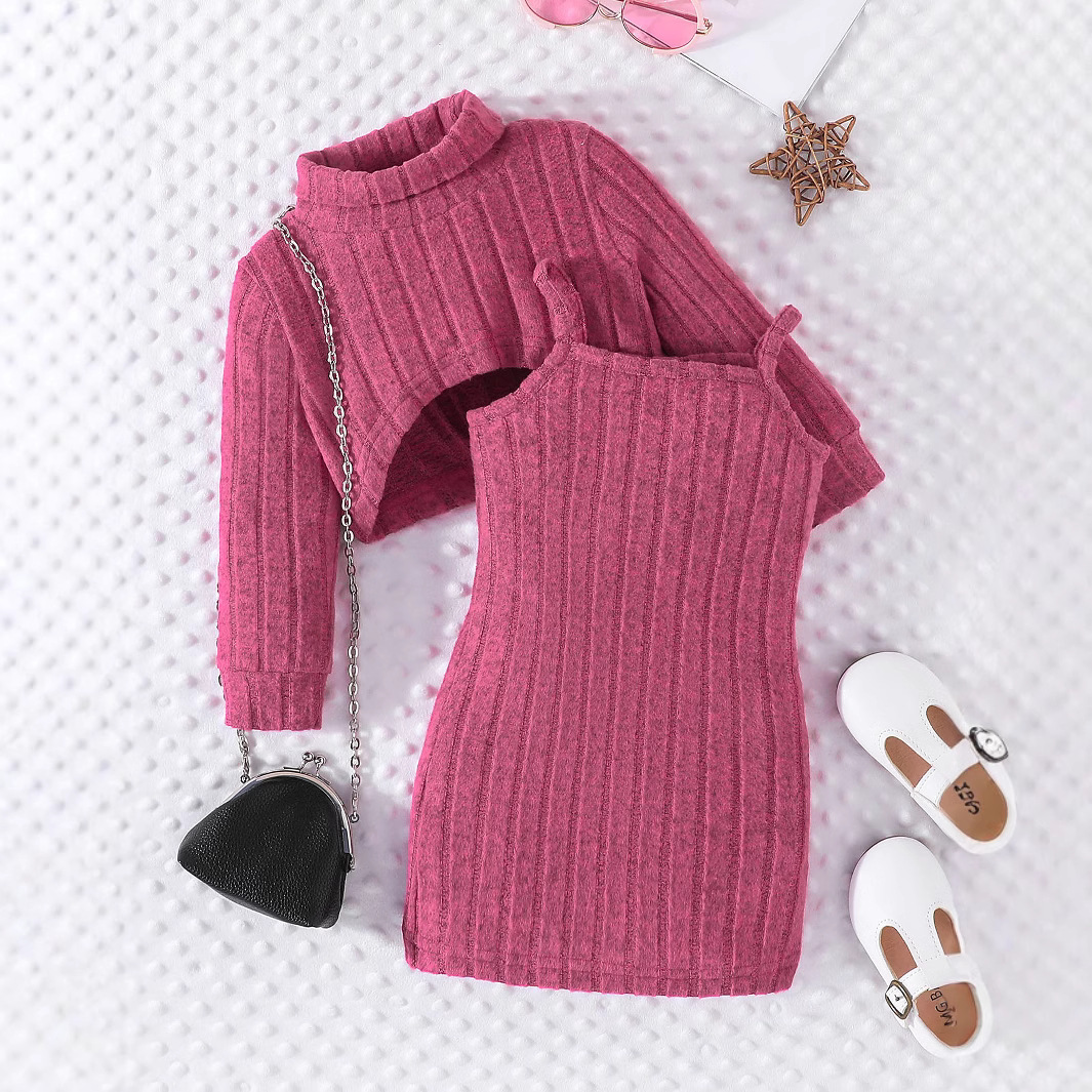2024 Herbst/Winter Neue Mädchen Halb Stehkragen Strickhemd mit Grubenstreifen Einfarbig Langarm Top + Trägerrock Zwei_voghion.com