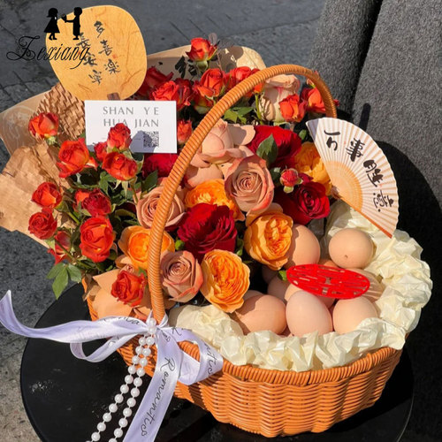 Postpartum gift set with eggs, fruits, and a flower basket featuring handmade woven floral hand-held basket and rattan basket for DIY flower arrangement