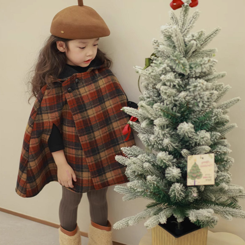 Kinderkleidung Mädchen Herbst und Winter neue Kinder spitzer Hut karierter Baumwollclip dicker Wollmantelumhang_voghion.com