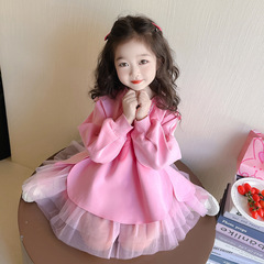 女性の子供の蝶結びのワンピース2025春秋の新型の洋気の王女のスカートの女性の赤ちゃんの春の服のピンクのガードルのスカート