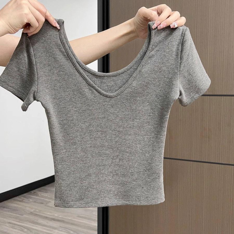 クールシルクコットン新作夏スリムグレーVネック半袖Tシャツ女性若者シンプル通勤韓国風ファッション痩身|undefined