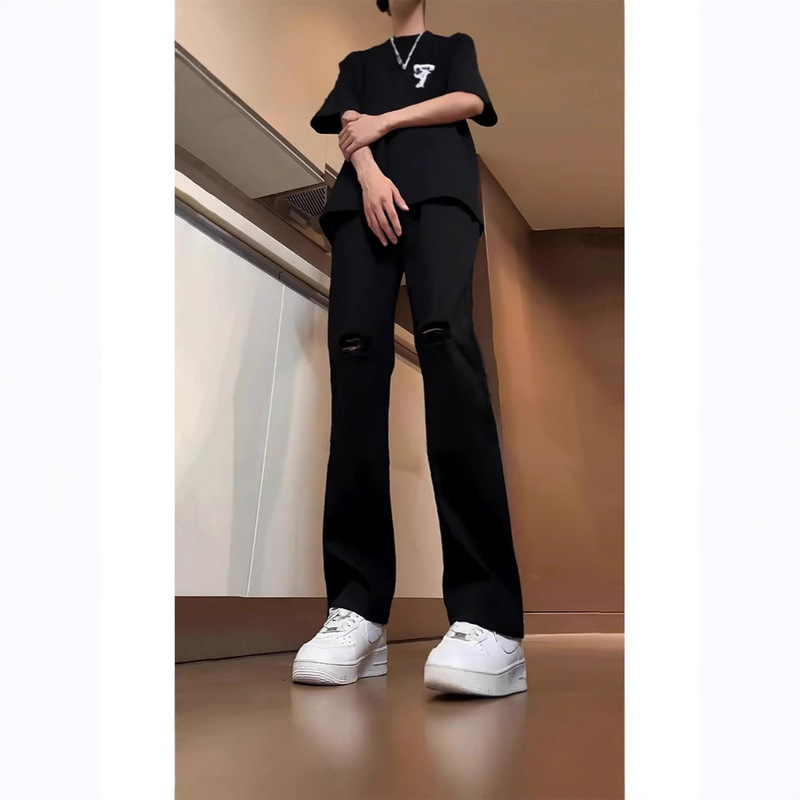 Weila Jeans Men's American Style High Street Vibe Pants Washed Hole Trendy Brand Straight Slim-fit Pants Weila Jeans Men's American Style High Street Vibe Pants Washed Hole Trendy Brand Straight Slim-fit Pants