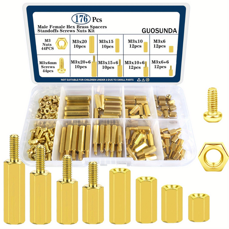 黄铜螺丝螺母套装黄铜单通柱双通六角铜柱混装跨境176Pcs盒装螺丝