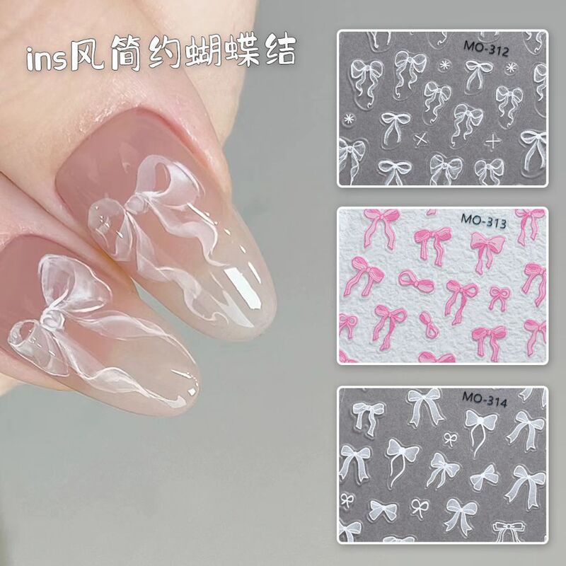 Embossed New Style Pink and White Cute Bow Nail Stickers Simple Girly Sweet Bow Nail Stickers