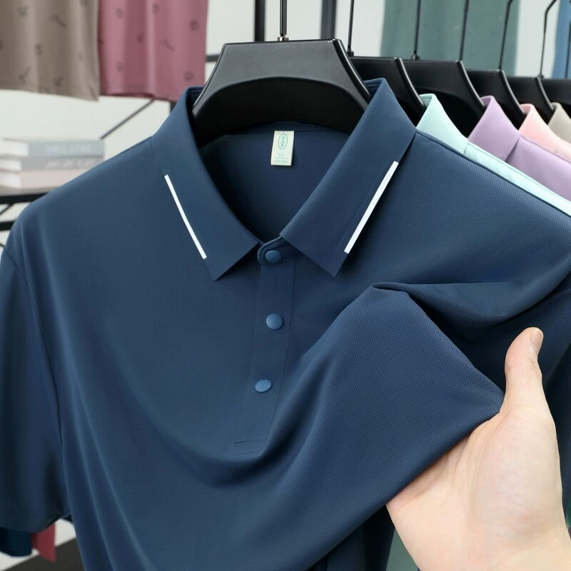 2025 однотонная повседневная жаккардовая футболка с короткими рукавами и лацканами, новая летняя мужская деловая повседневная однотонная рубашка-поло, футболка