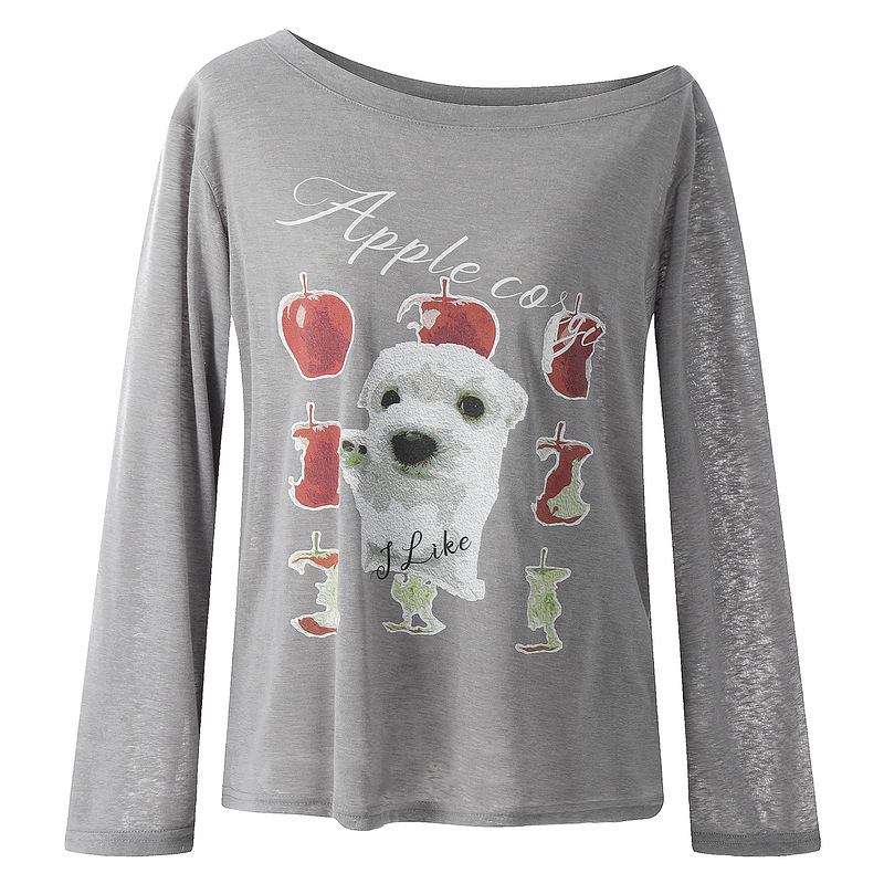 Clothing Men's Retro Fun Puppy Printed Shoulder Long-sleeved T-shirt Women's Lazy Style Loose Slimming Grey Outer Wear