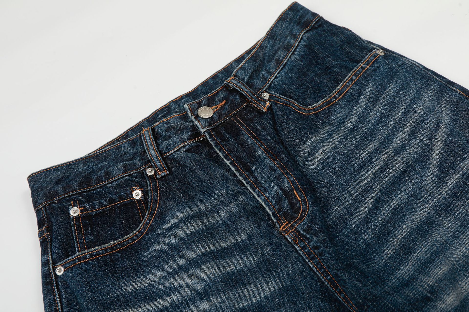 Men's Loose Fit Straight Leg Jeans Deep Blue Denim King Whisker Pattern High Street Style High End Feel_viptrois.com