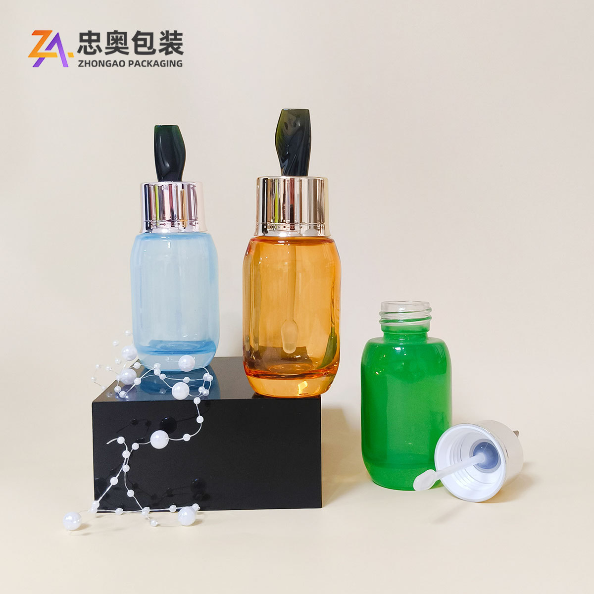 批发50ml厚底挑棒精油瓶透明玻璃精华液瓶护肤品分装瓶包材滴管