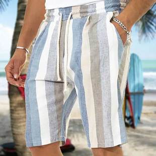 Amazon Independent Station 2023 Men's Beach Drawstring Shorts Striped 3D Print European and American Foreign Trade Straight Hair