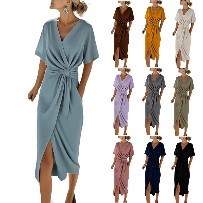 2026 Summer New Dress Amazon Commuting Fashion Satin Slit Women's Solid Color Wrap Tie Dress