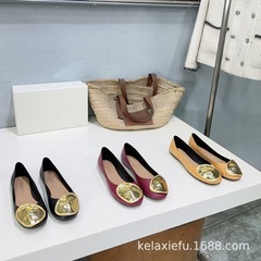 高端2025新款真皮圆头黄金片五金扣配饰平底玛丽珍鞋单鞋小皮鞋女