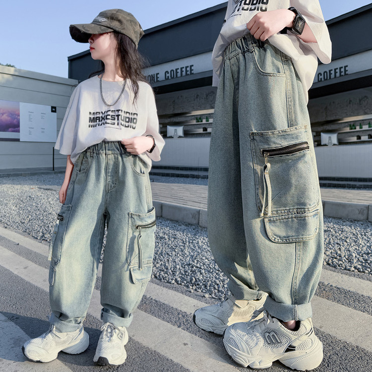 A502 Girls Denim Pocket Zipper Workwear Wide Leg Pants Blue Princess Miscellaneous European And American Jeans_voghion.com