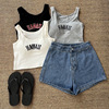 Short top with cups, tank top, underwear as outerwear, piercing with letters, with embroidery