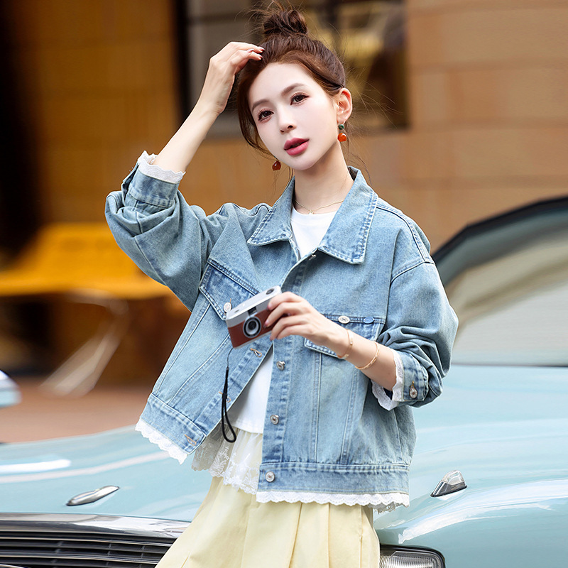 Korean Lace Splicing Hem Denim Jacket for Women Spring 2025 New Loose Casual Design Jacket Top