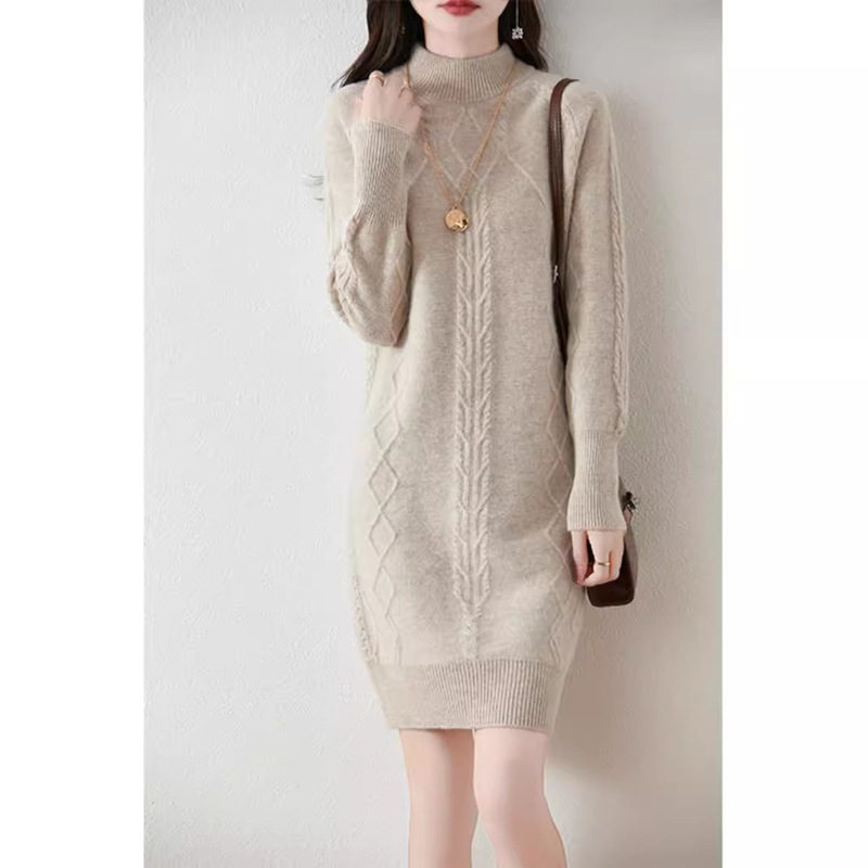 100 Wool Mock Turtleneck dress Women's Autumn and Winter New Loose Thickened Mid-length Cashmere Base Dress