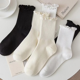 Women's Lace Mid-Calf Socks, Trendy and Versatile, Sweet Girl College Style, Ruffled Edge, Thin Summer Solid Color Socks, Ins Style