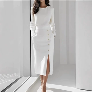欧美跨境长袖纯色圆领收腰钮扣装饰开叉2025秋季女装连衣裙女