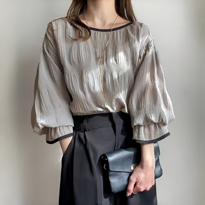 summer solid color shiffon long-sleeve with a round collar